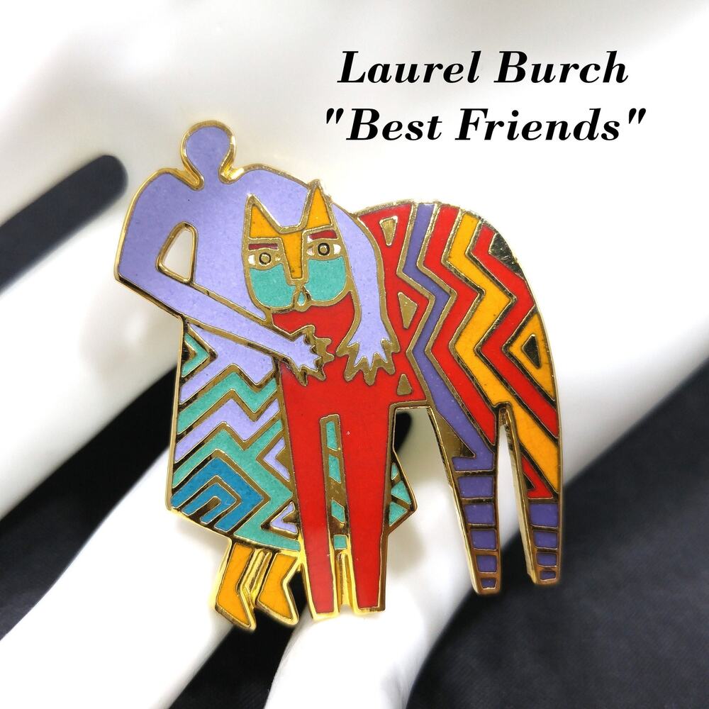 Laurel Burch Vintage "Best Friends" Brooch, Gold Plated Cloisonne Enamel, 1980s